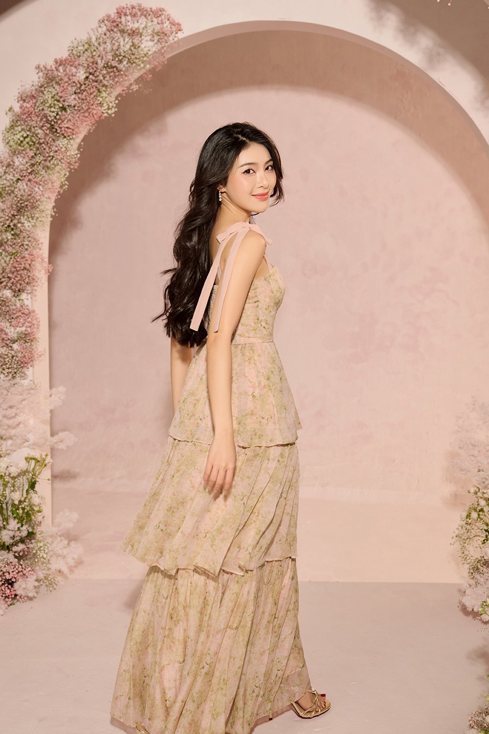 Coralie Sweetheart Chiffon Ribbon Straps Tiered Maxi Dress in Peach Meadow