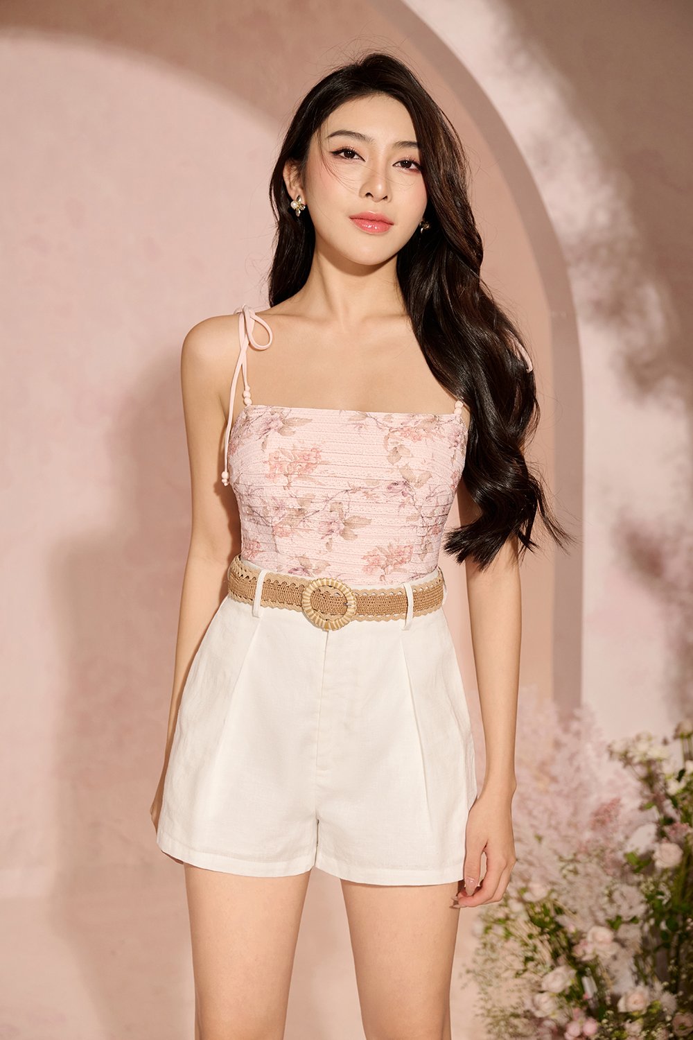 Danielle Padded Crochet Ribbon Tie Top in Blush Blooms