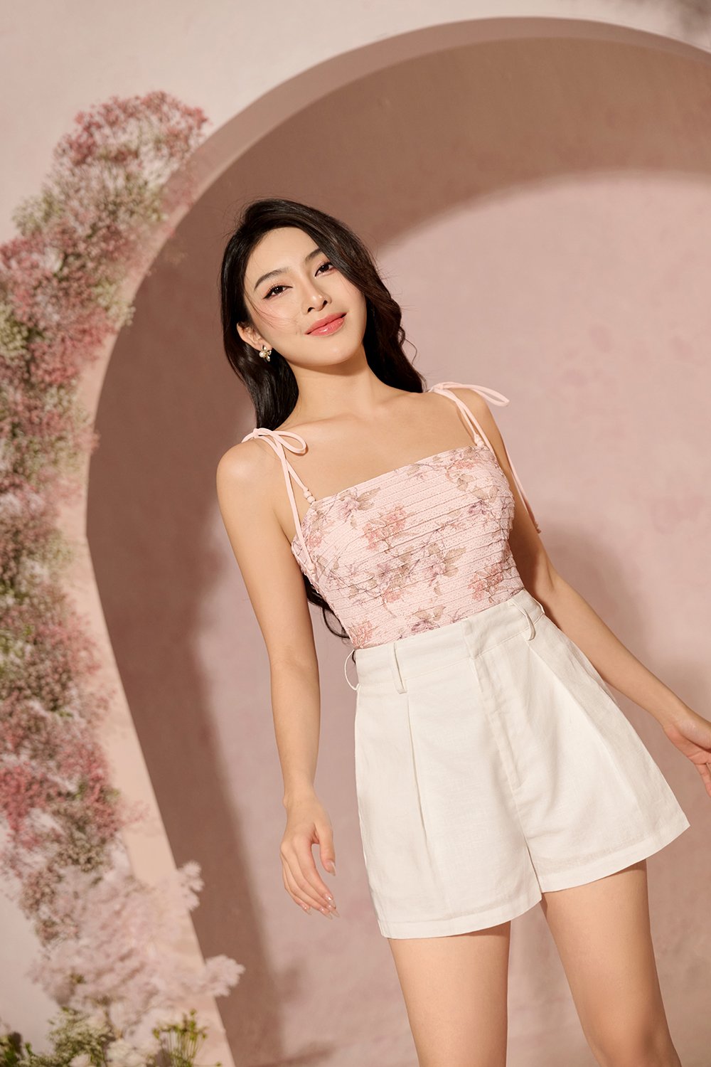 Danielle Padded Crochet Ribbon Tie Top in Blush Blooms