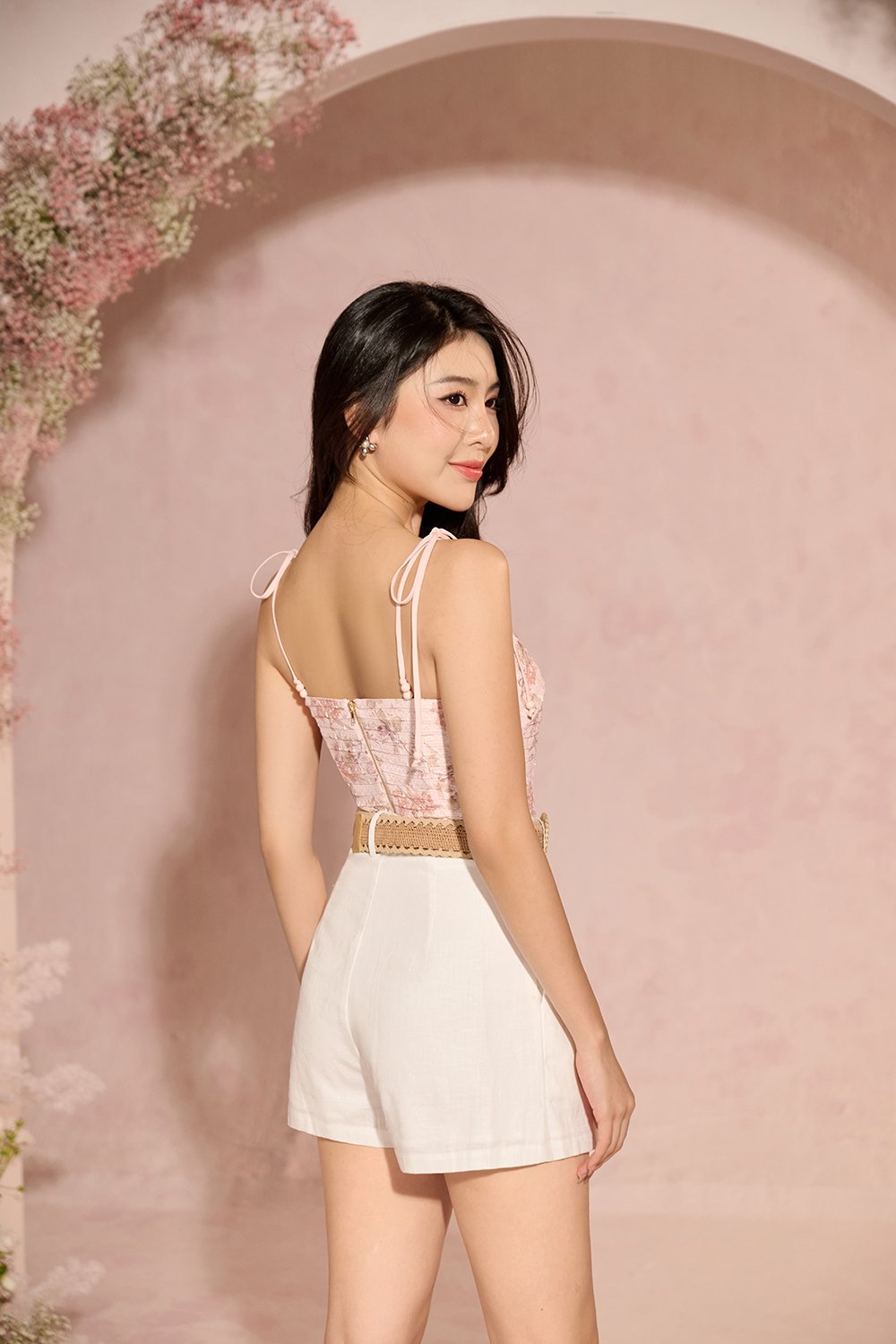 Danielle Padded Crochet Ribbon Tie Top in Blush Blooms