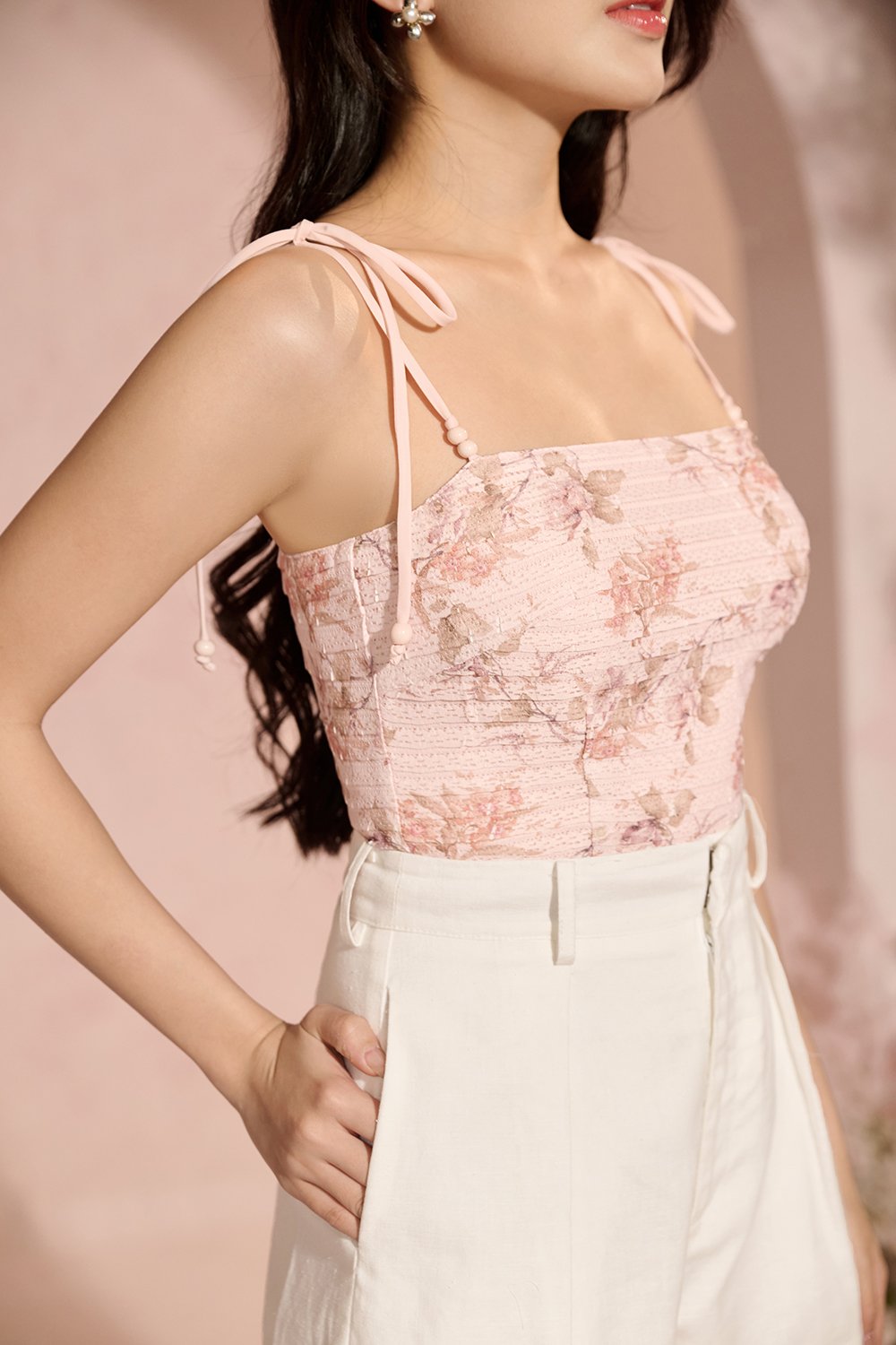 Danielle Padded Crochet Ribbon Tie Top in Blush Blooms