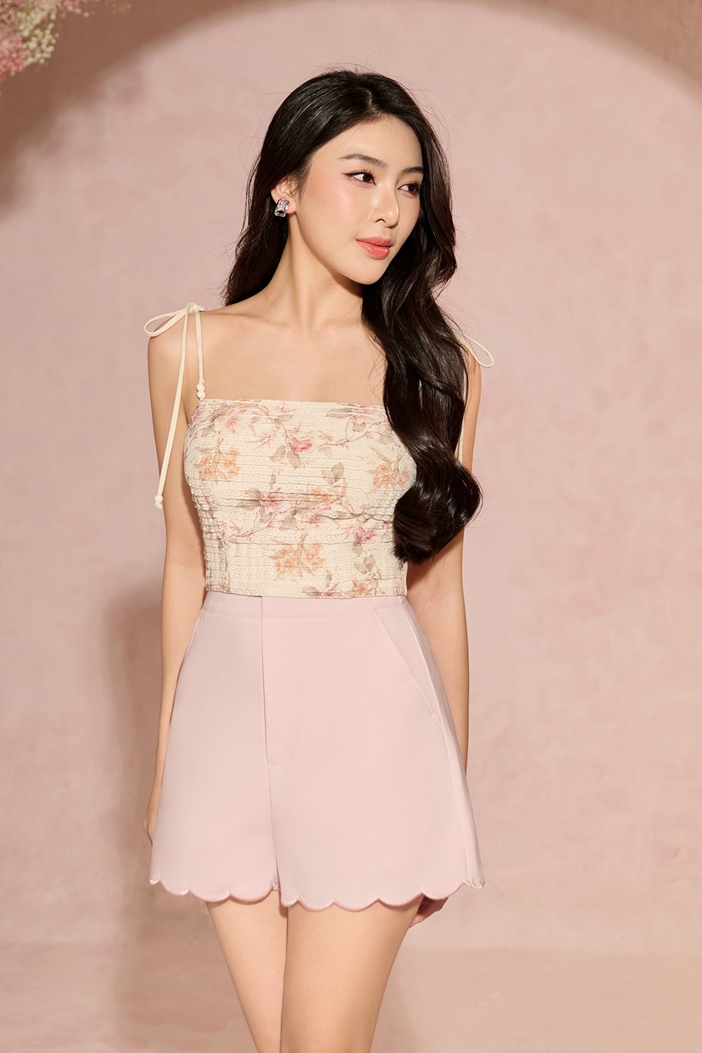 Danielle Padded Crochet Ribbon Tie Top in Ivory Blooms