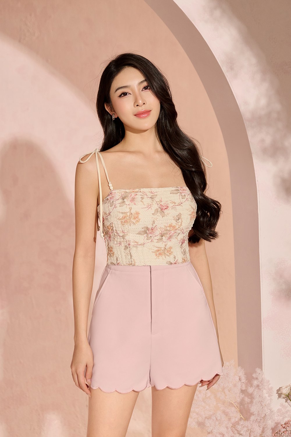 Danielle Padded Crochet Ribbon Tie Top in Ivory Blooms