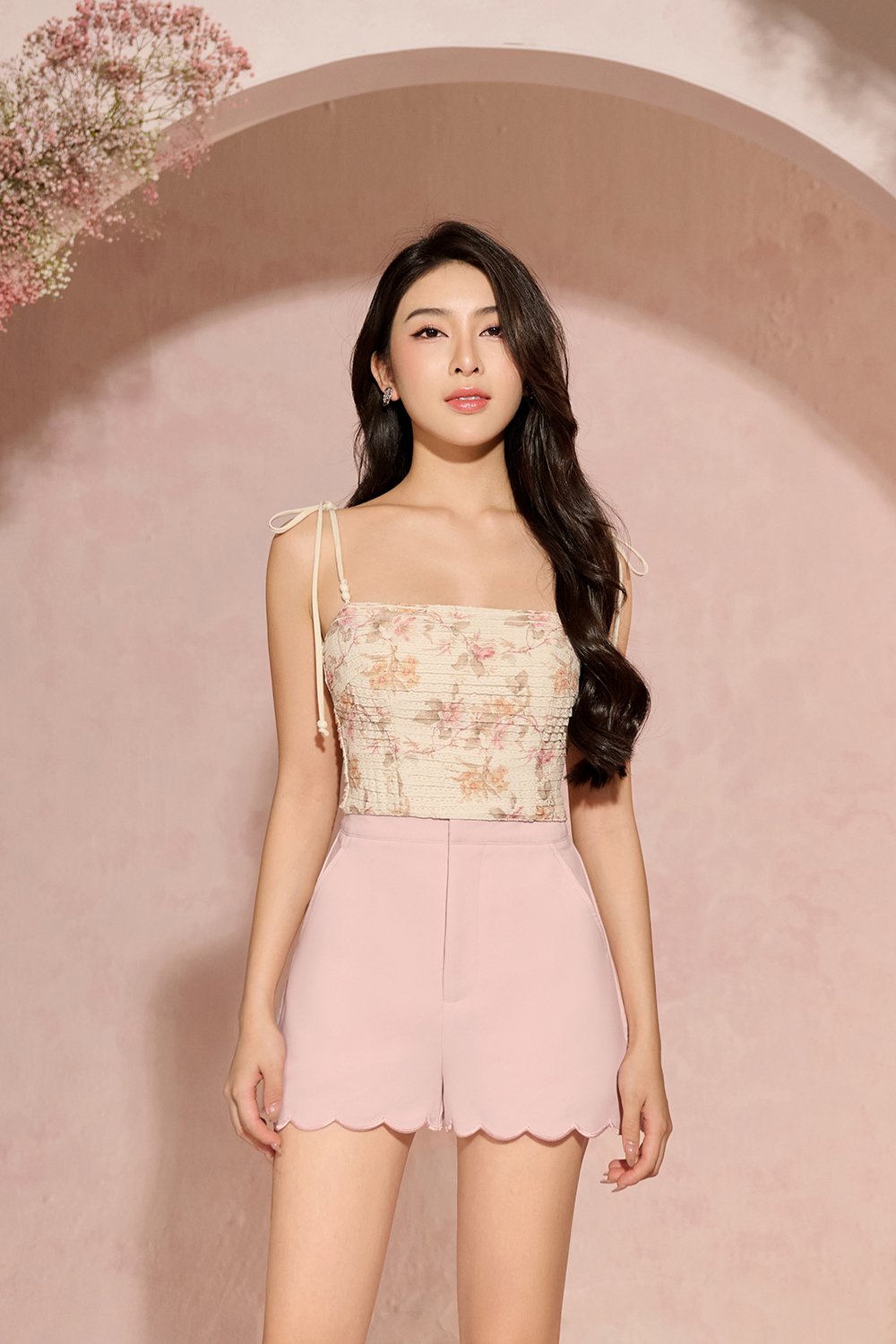 Danielle Padded Crochet Ribbon Tie Top in Ivory Blooms