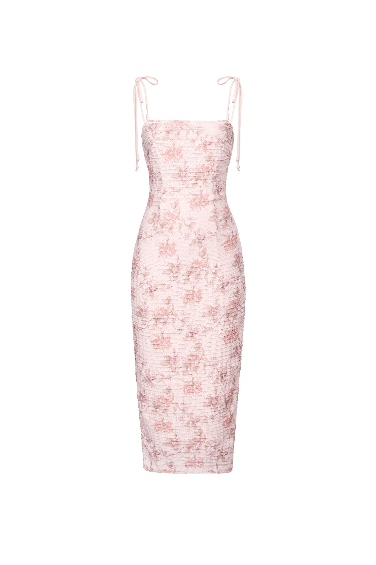 Danielle Padded Crochet Ribbon Tie Midi Dress in Blush Blooms