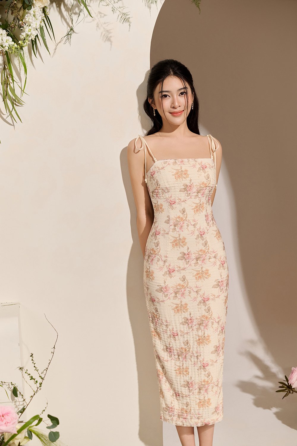 Danielle Padded Crochet Ribbon Tie Midi Dress in Ivory Blooms