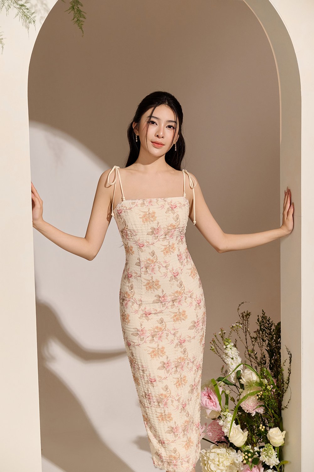 Danielle Padded Crochet Ribbon Tie Midi Dress in Ivory Blooms