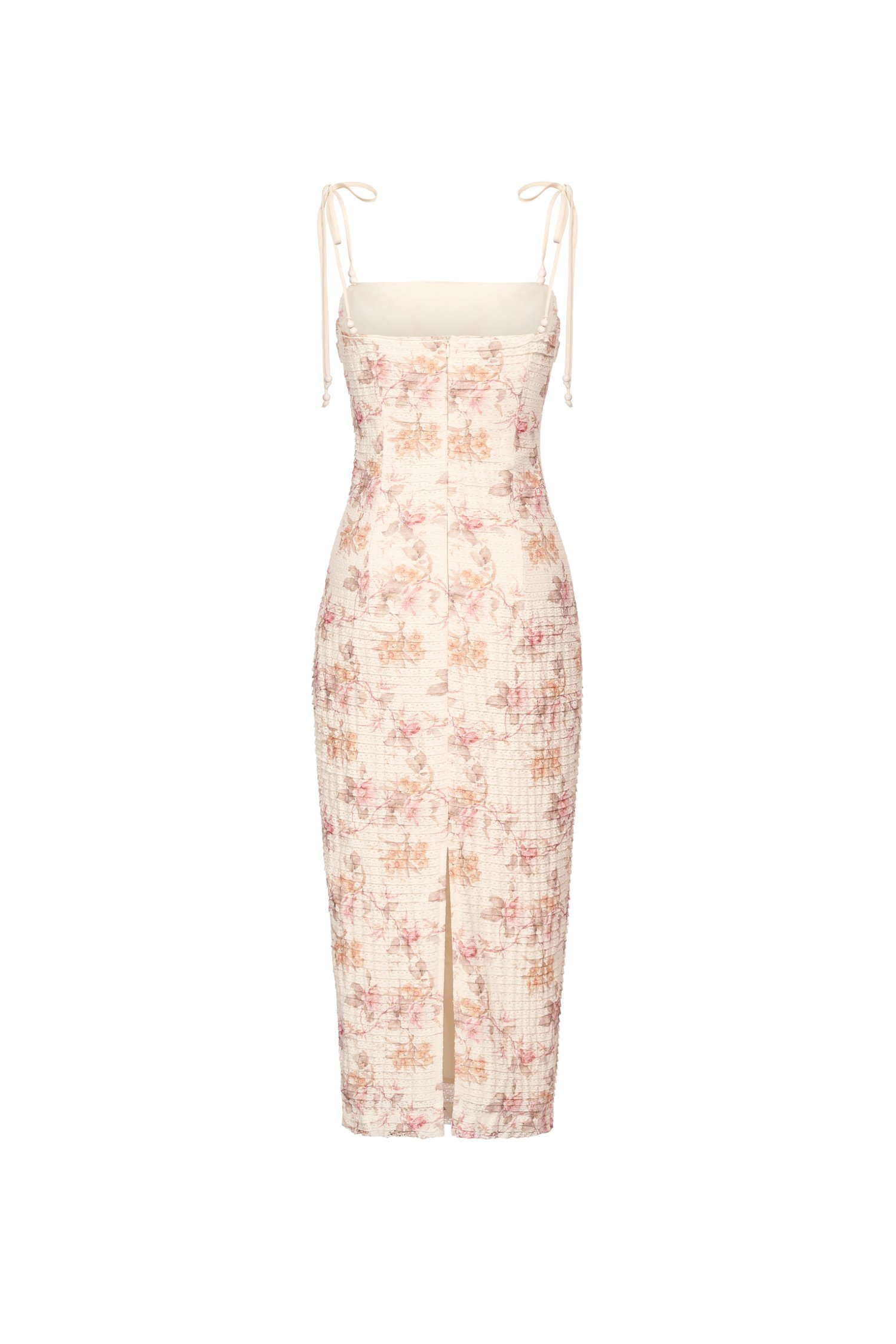 Danielle Padded Crochet Ribbon Tie Midi Dress in Ivory Blooms