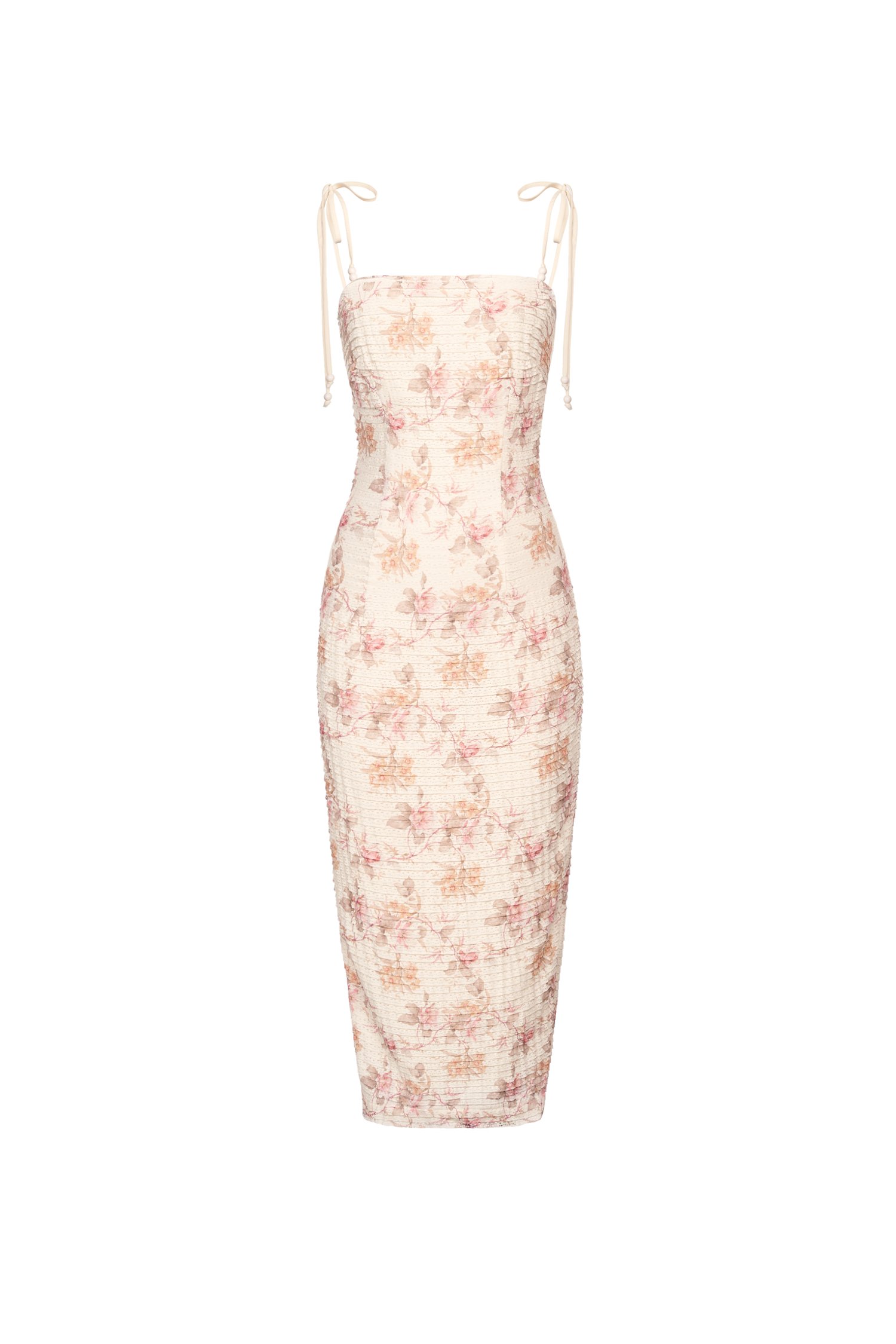 Danielle Padded Crochet Ribbon Tie Midi Dress in Ivory Blooms