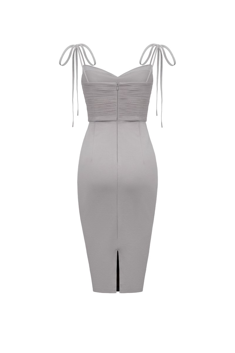 &Eacute;clair Pleated Tulle Bodice Ribbon Straps Pencil Dress in Dove Grey
