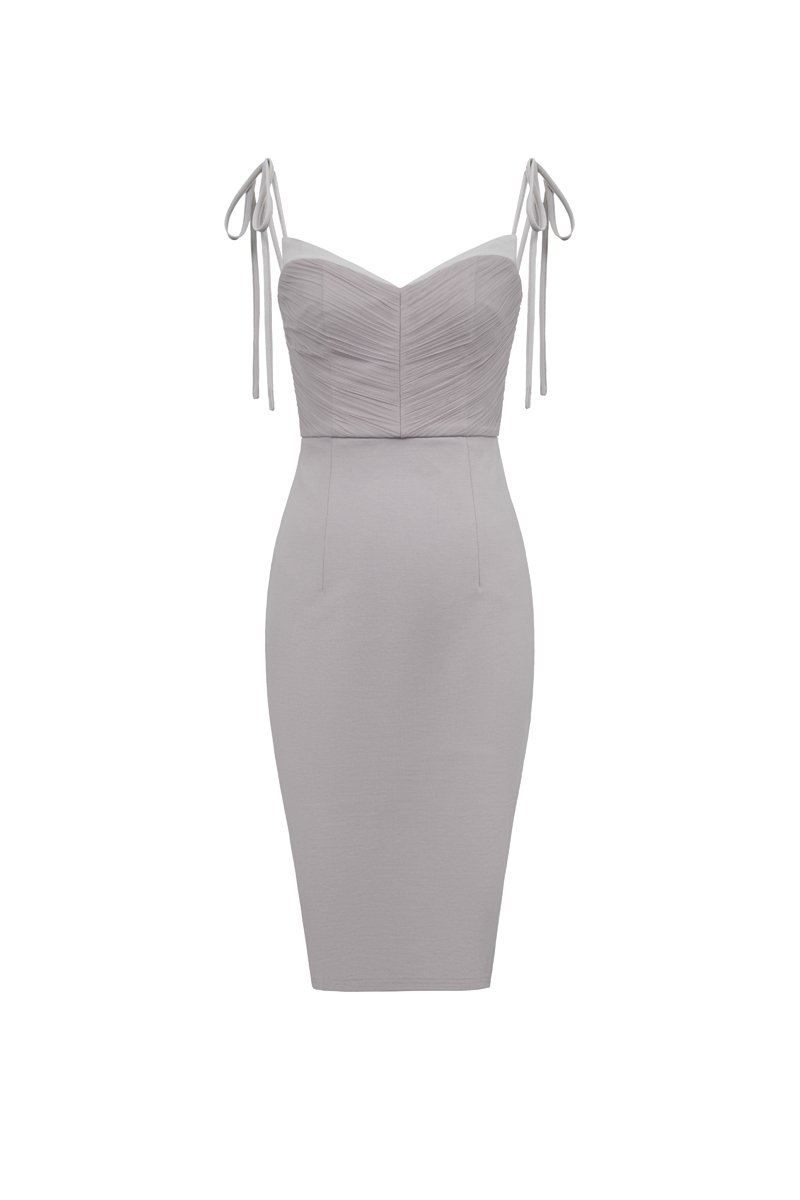 &Eacute;clair Pleated Tulle Bodice Ribbon Straps Pencil Dress in Dove Grey