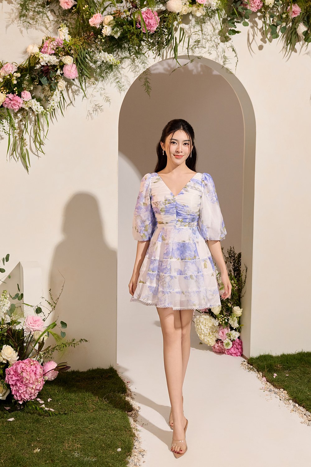 Edelweiss Pleated Bodice Tiered Mini Dress in Blue Mist Blossoms