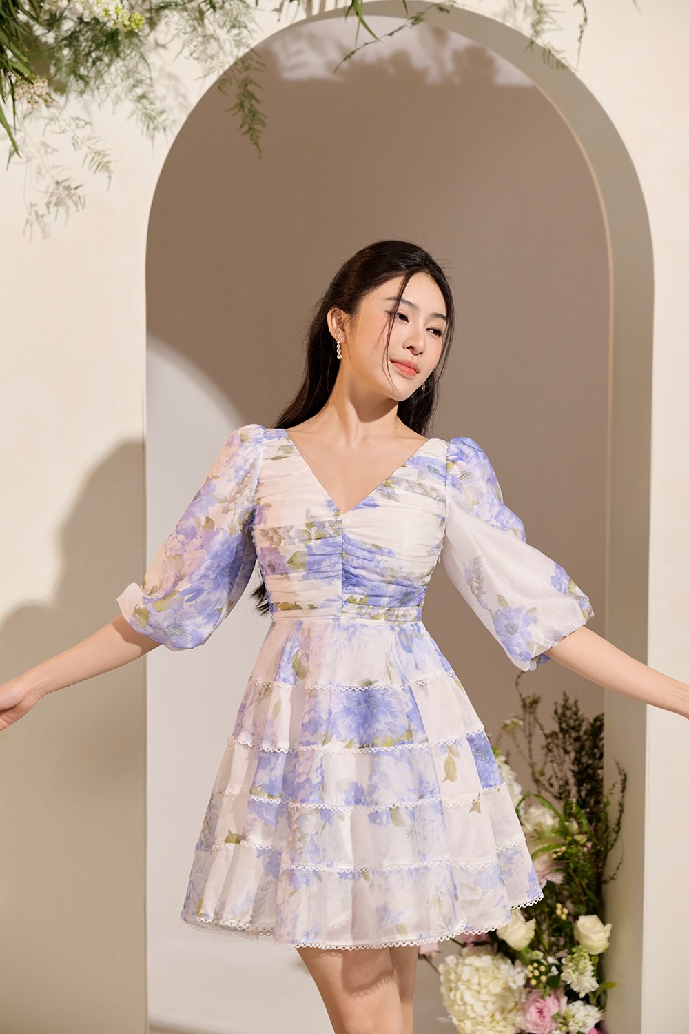 Edelweiss Pleated Bodice Tiered Mini Dress in Blue Mist Blossoms