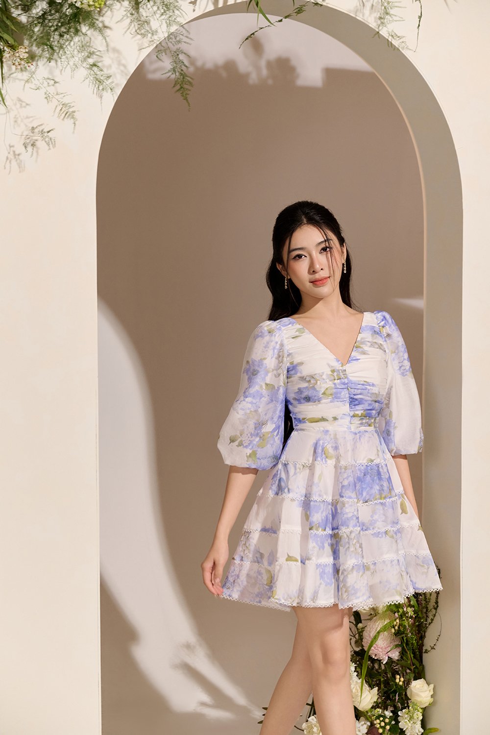 Edelweiss Pleated Bodice Tiered Mini Dress in Blue Mist Blossoms