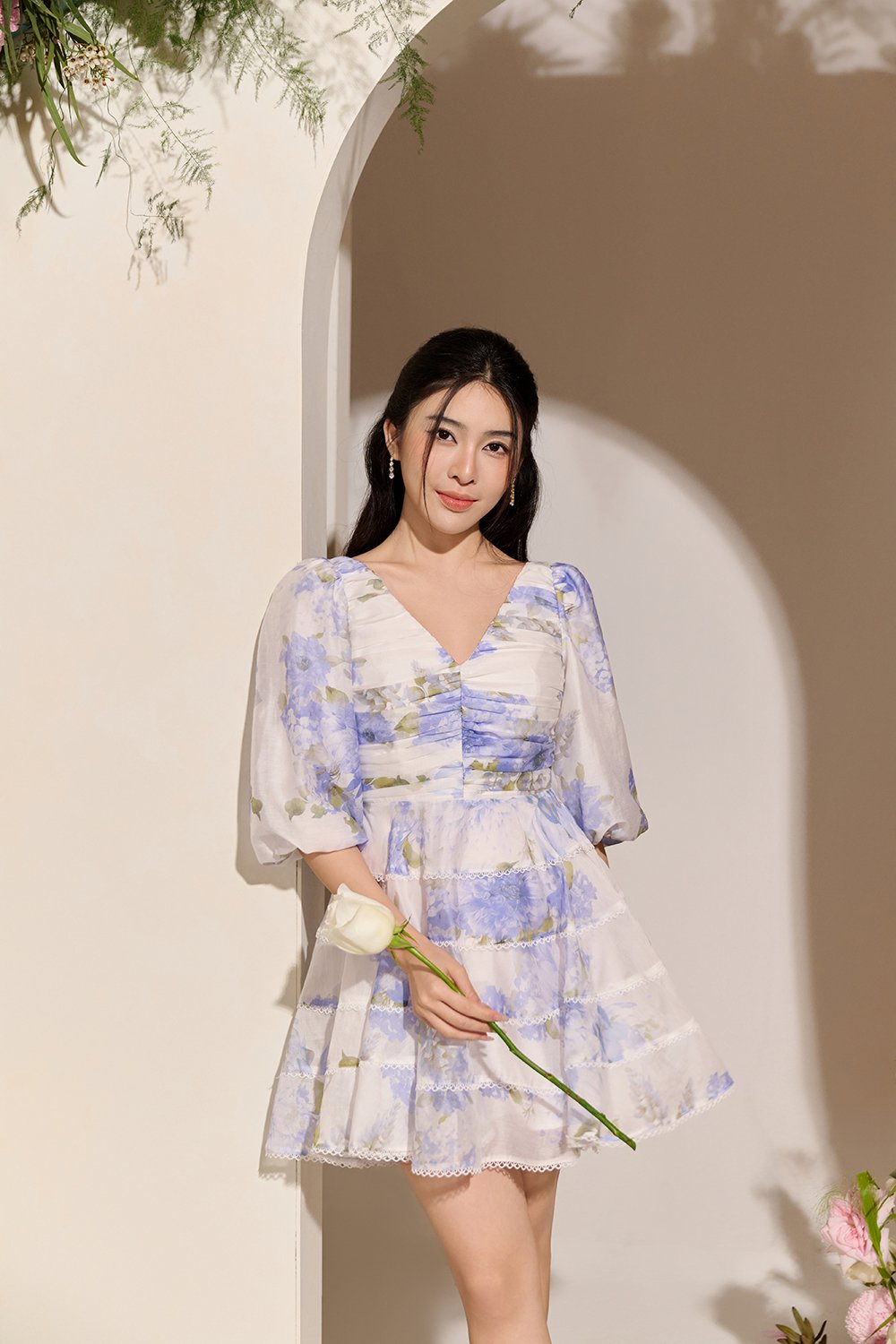 Edelweiss Pleated Bodice Tiered Mini Dress in Blue Mist Blossoms