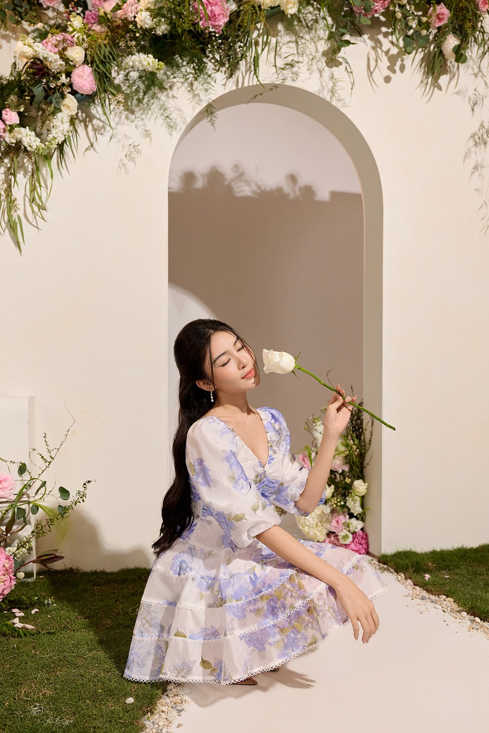 Edelweiss Pleated Bodice Tiered Mini Dress in Blue Mist Blossoms