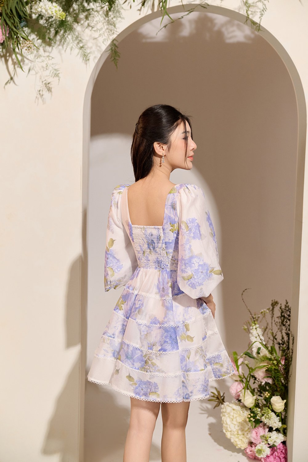 Edelweiss Pleated Bodice Tiered Mini Dress in Blue Mist Blossoms