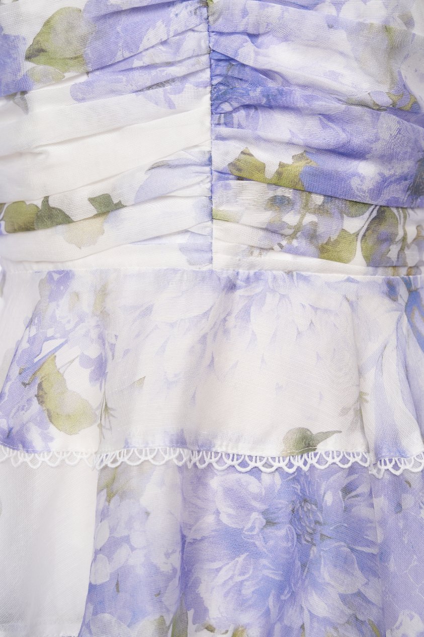 Edelweiss Pleated Bodice Tiered Mini Dress in Blue Mist Blossoms