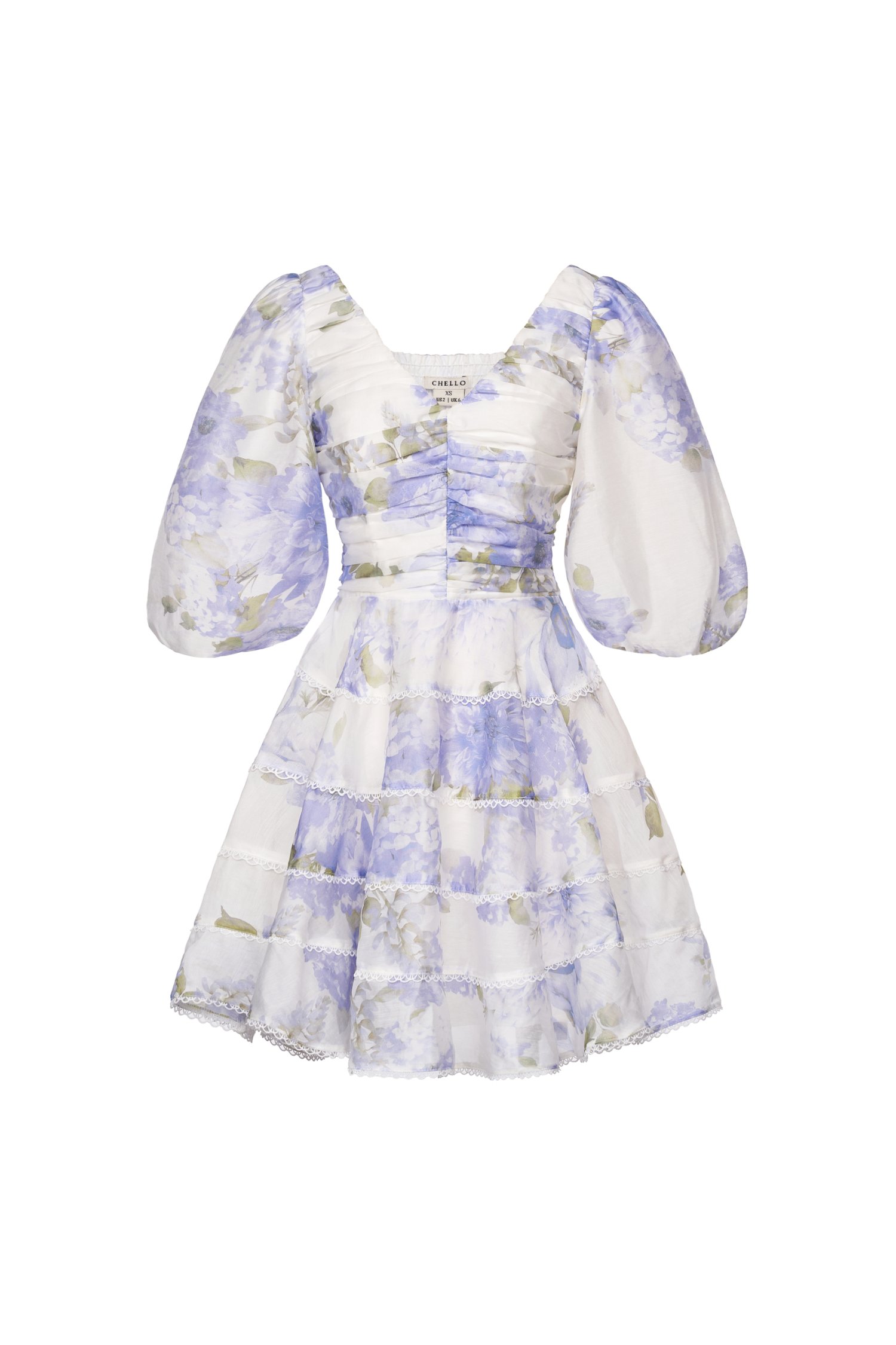 Edelweiss Pleated Bodice Tiered Mini Dress in Blue Mist Blossoms