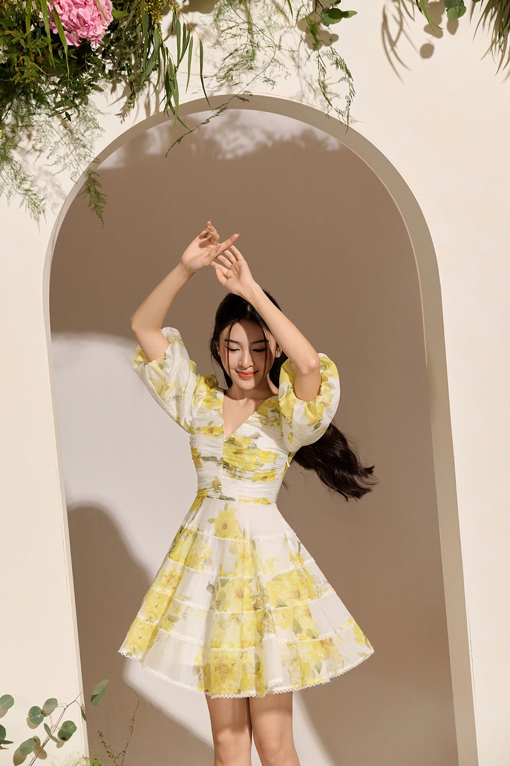 Edelweiss Pleated Bodice Tiered Mini Dress in Yellow Mist Blossoms