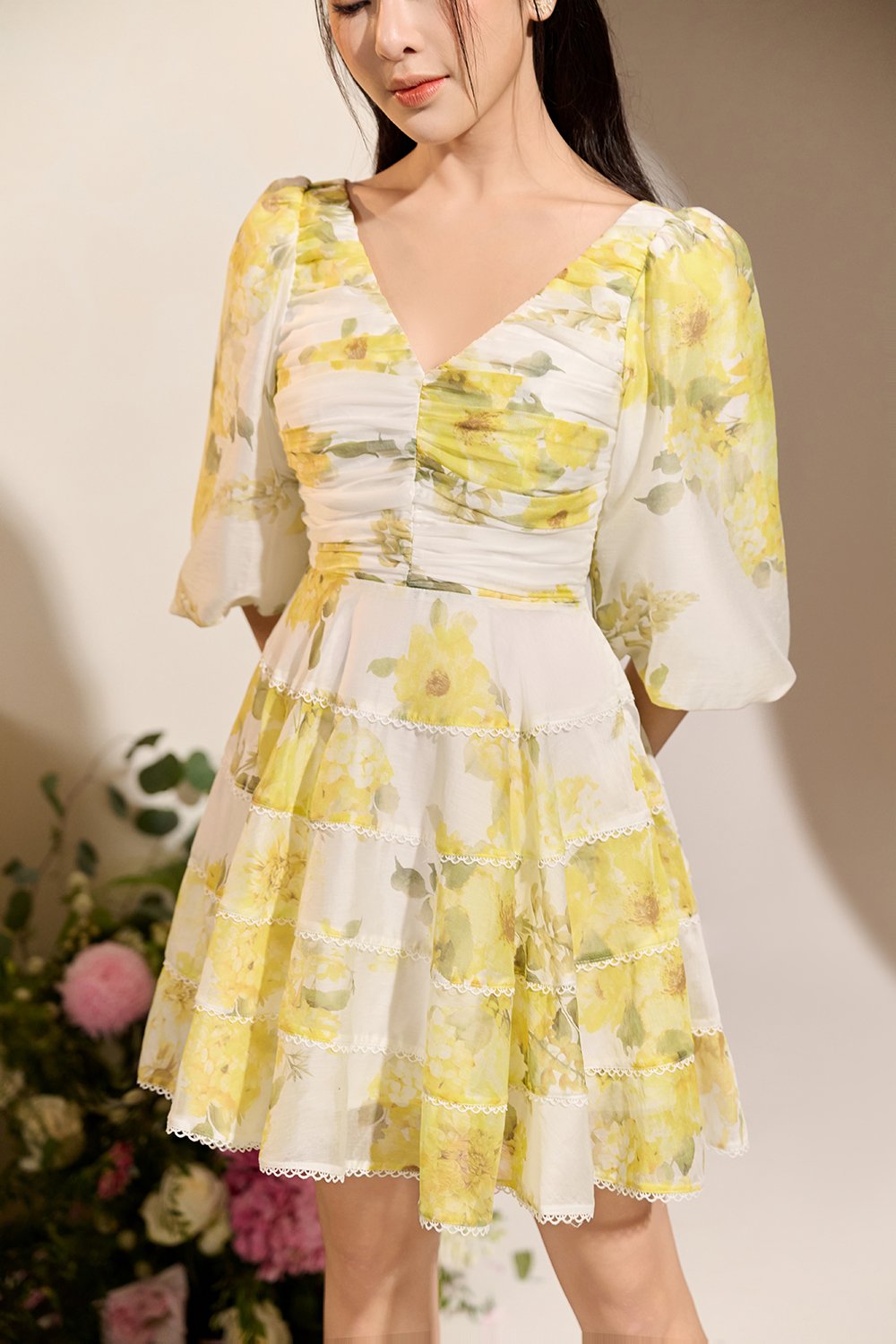 Edelweiss Pleated Bodice Tiered Mini Dress in Yellow Mist Blossoms