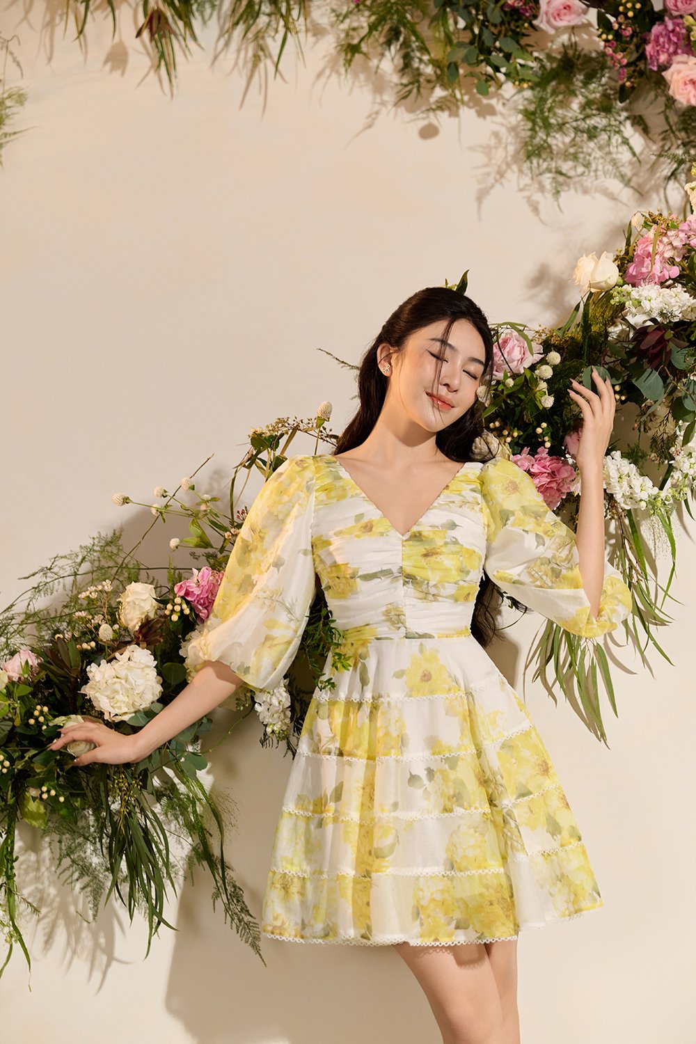 Edelweiss Pleated Bodice Tiered Mini Dress in Yellow Mist Blossoms