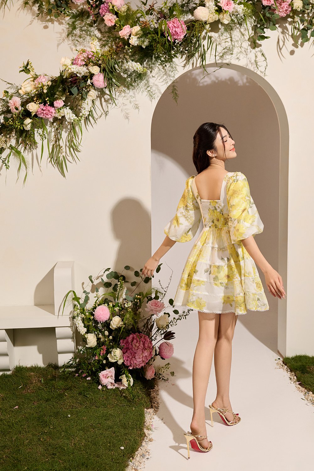 Edelweiss Pleated Bodice Tiered Mini Dress in Yellow Mist Blossoms