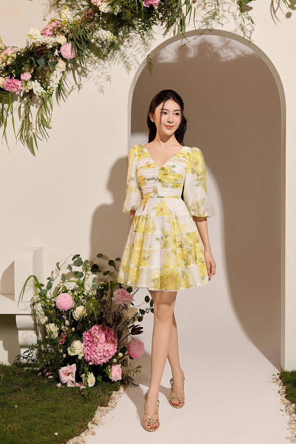 Edelweiss Pleated Bodice Tiered Mini Dress in Yellow Mist Blossoms