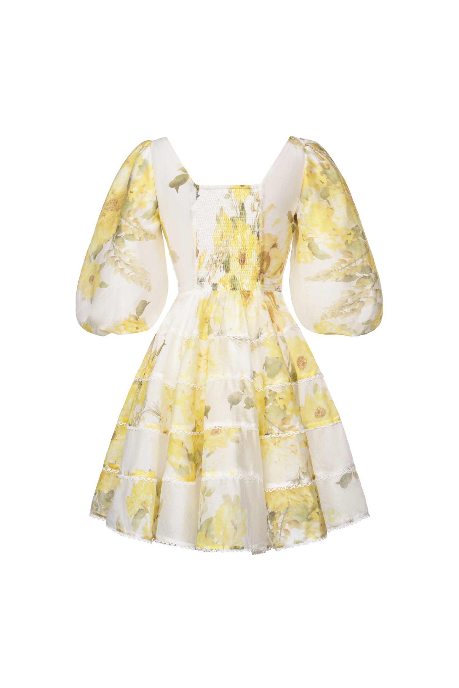 Edelweiss Pleated Bodice Tiered Mini Dress in Yellow Mist Blossoms