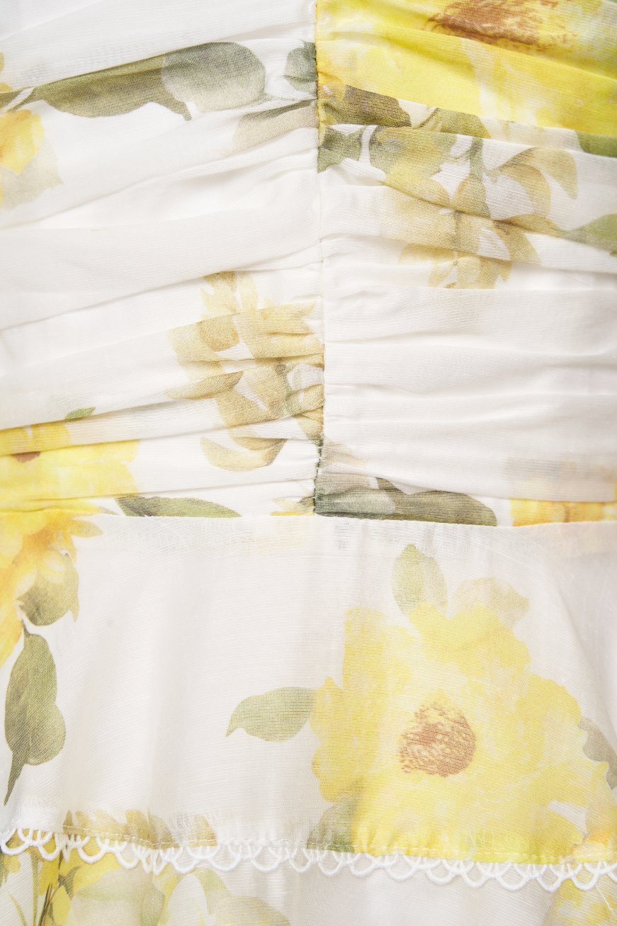 Edelweiss Pleated Bodice Tiered Mini Dress in Yellow Mist Blossoms