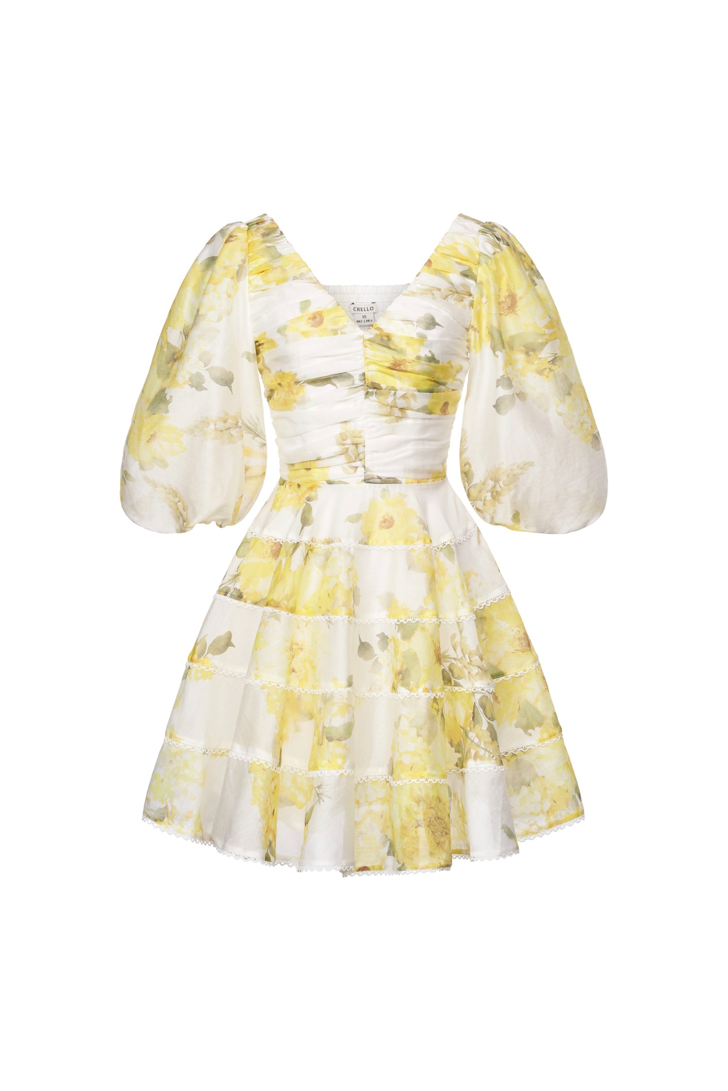 Edelweiss Pleated Bodice Tiered Mini Dress in Yellow Mist Blossoms