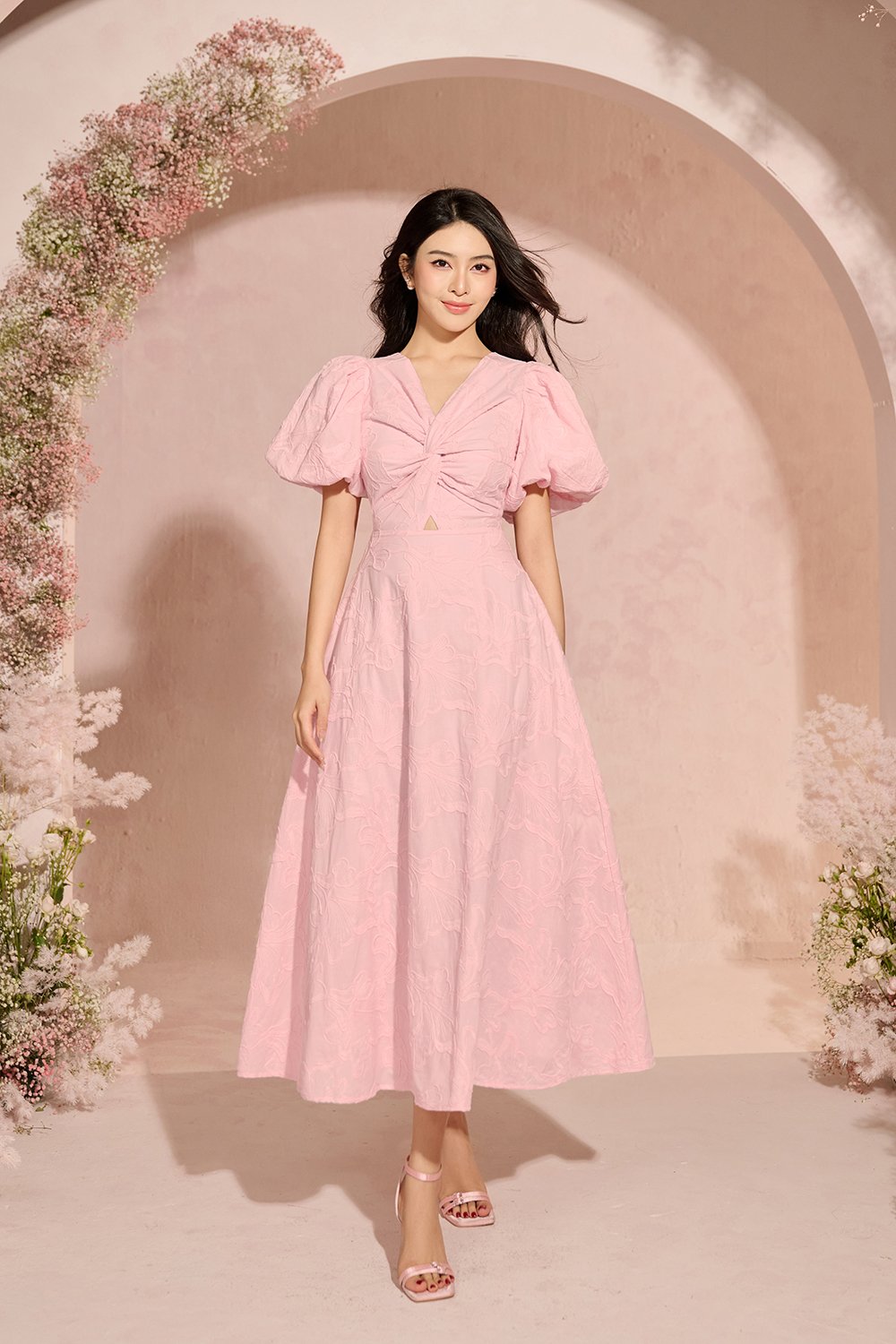 Ellie Puffy Sleeves Embroidered Cotton Midi Dress in Baby Pink