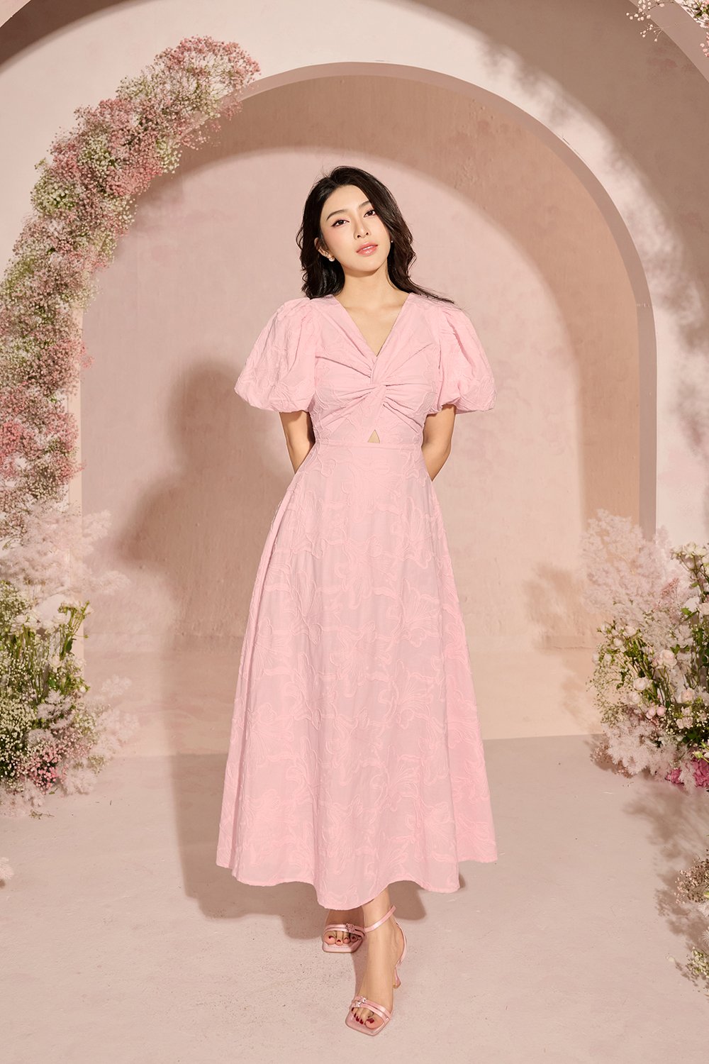 Ellie Puffy Sleeves Embroidered Cotton Midi Dress in Baby Pink