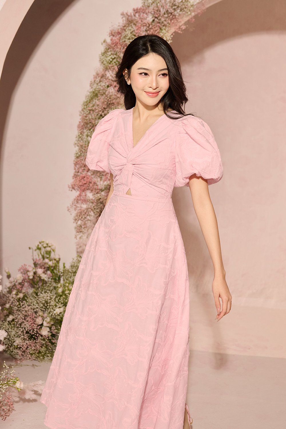 Ellie Puffy Sleeves Embroidered Cotton Midi Dress in Baby Pink