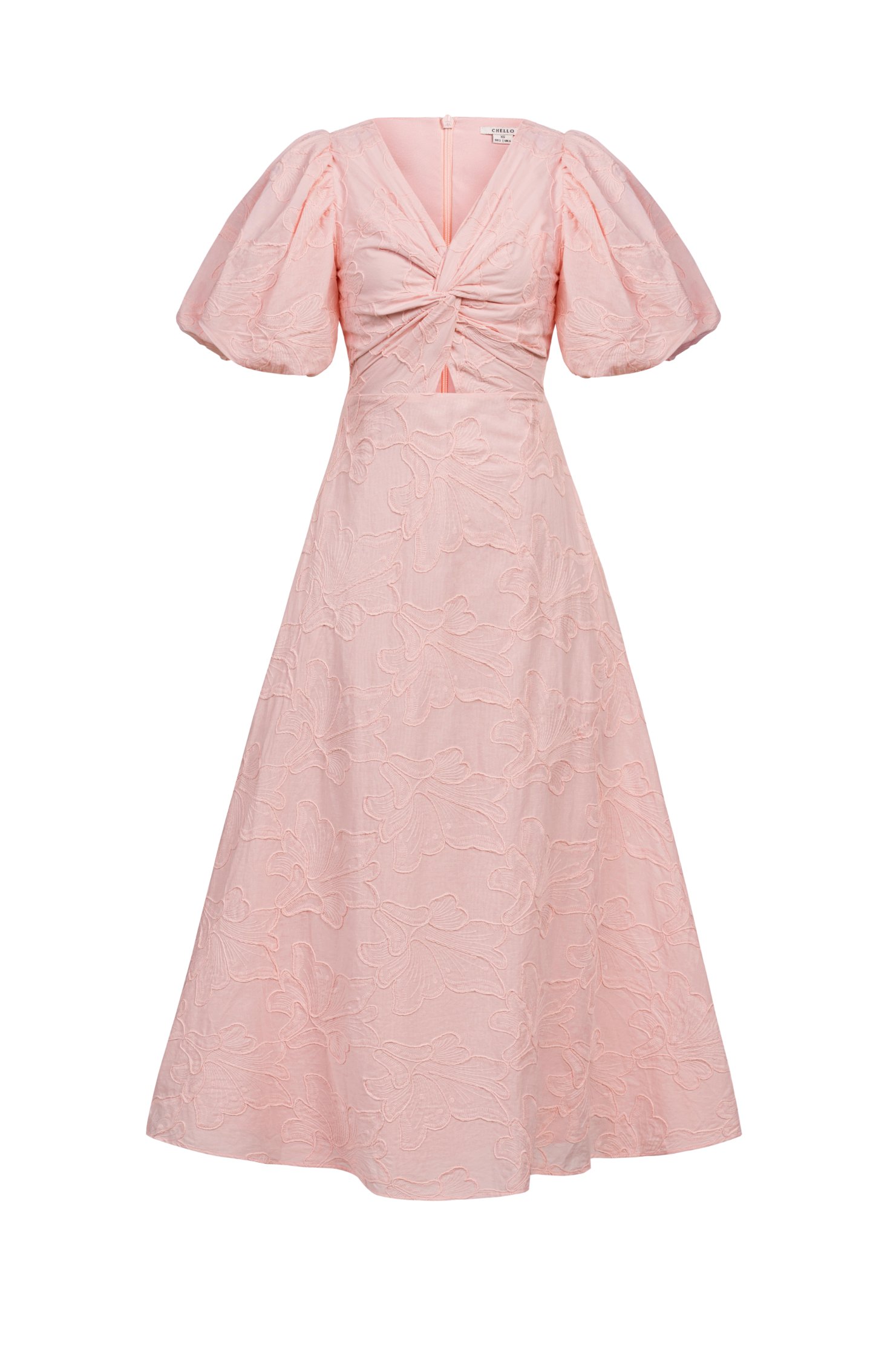 Ellie Puffy Sleeves Embroidered Cotton Midi Dress in Baby Pink