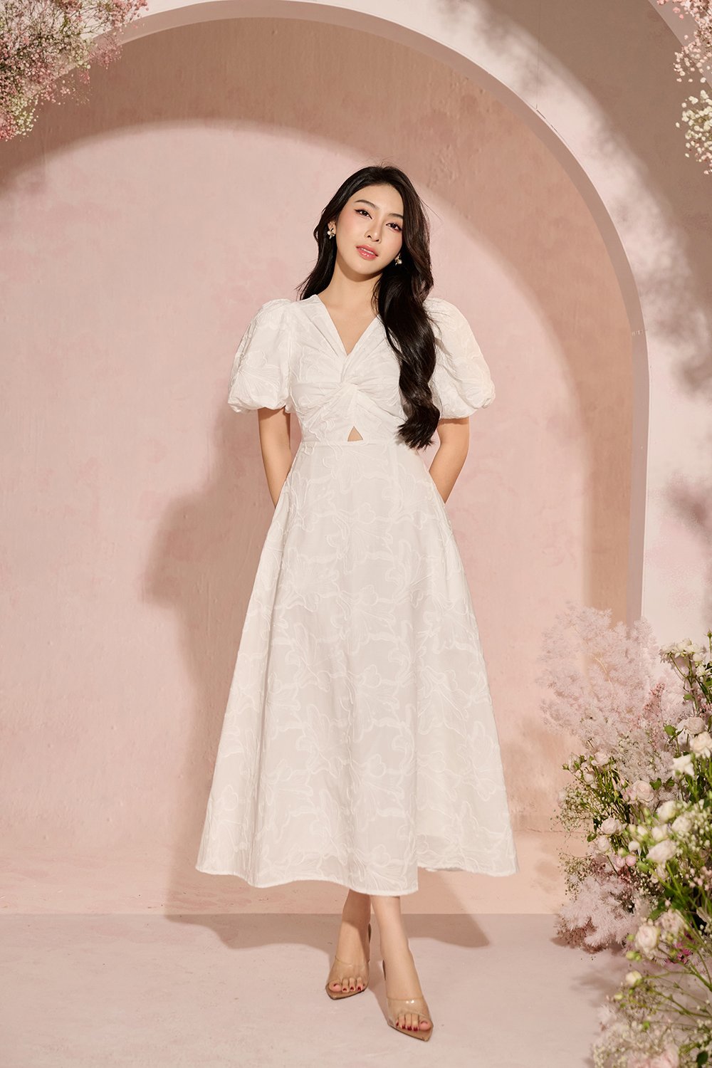 Ellie Puffy Sleeves Embroidered Cotton Midi Dress in Iconic White