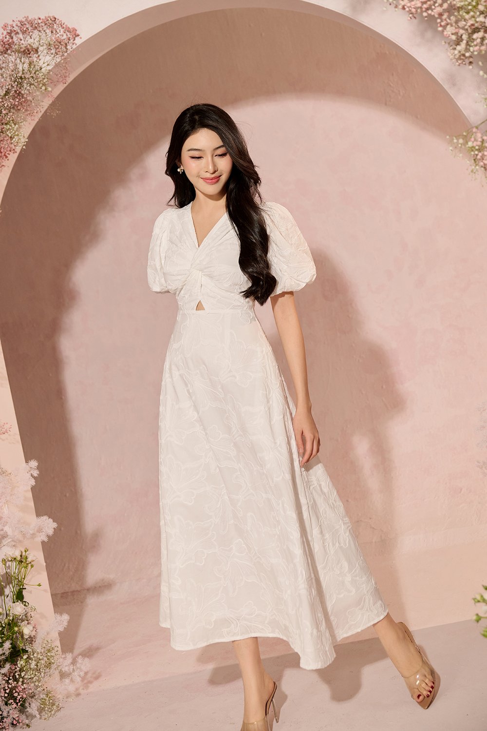 Ellie Puffy Sleeves Embroidered Cotton Midi Dress in Iconic White