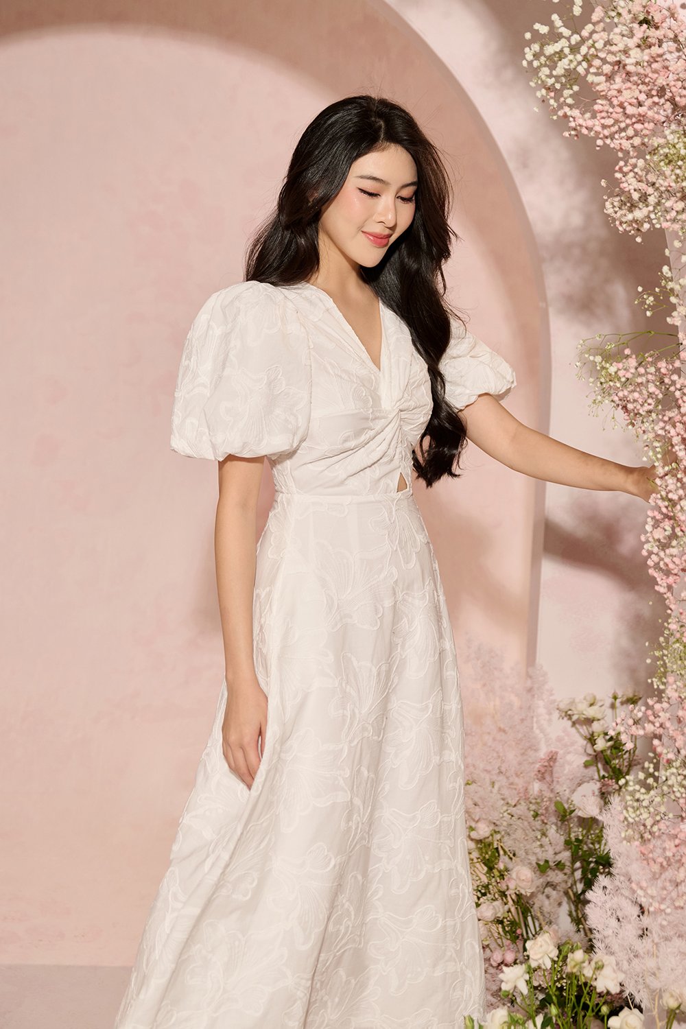 Ellie Puffy Sleeves Embroidered Cotton Midi Dress in Iconic White
