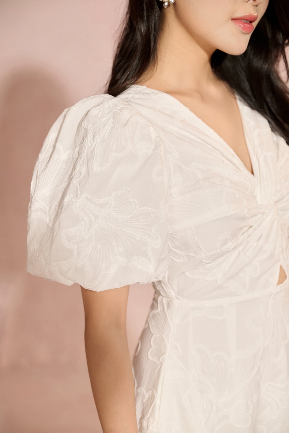 Ellie Puffy Sleeves Embroidered Cotton Midi Dress in Iconic White