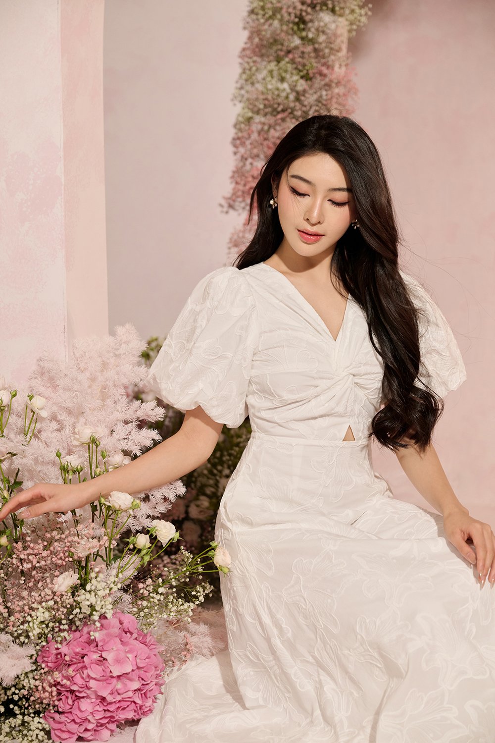 Ellie Puffy Sleeves Embroidered Cotton Midi Dress in Iconic White