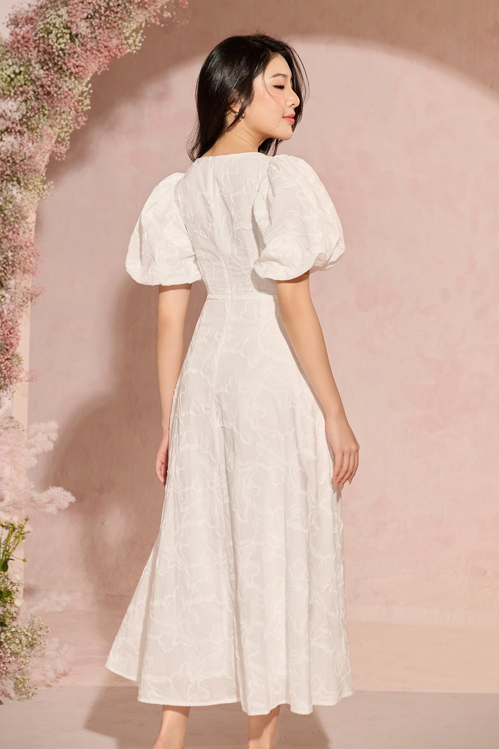 Ellie Puffy Sleeves Embroidered Cotton Midi Dress in Iconic White