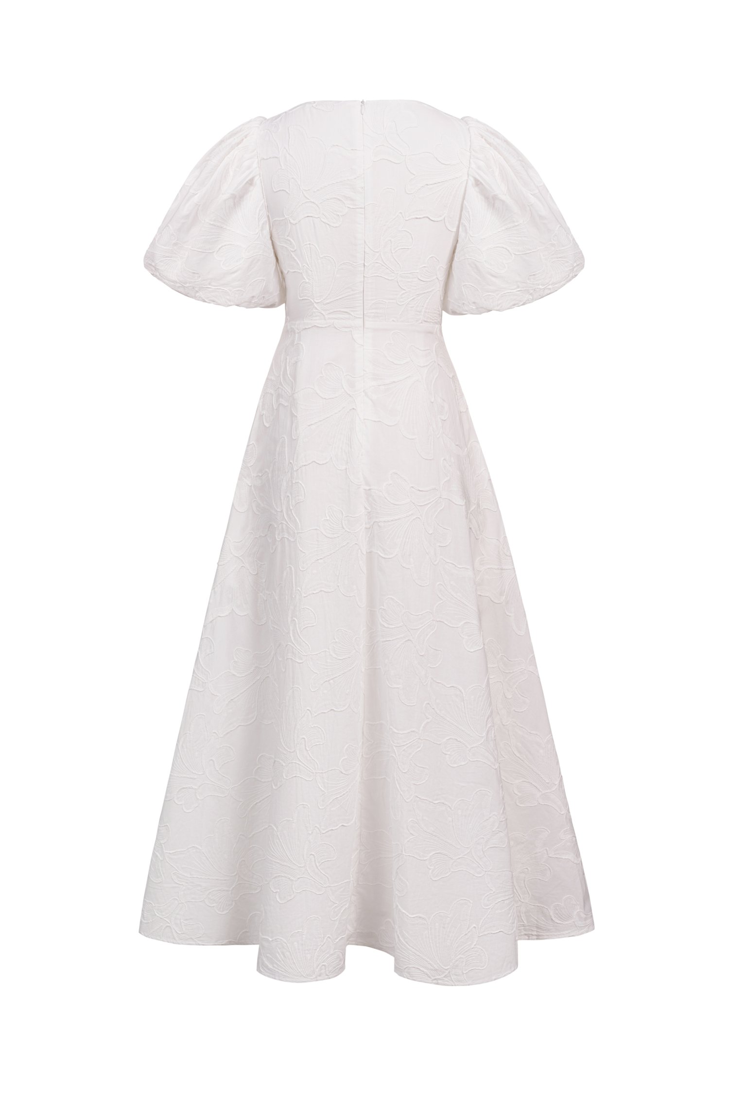 Ellie Puffy Sleeves Embroidered Cotton Midi Dress in Iconic White