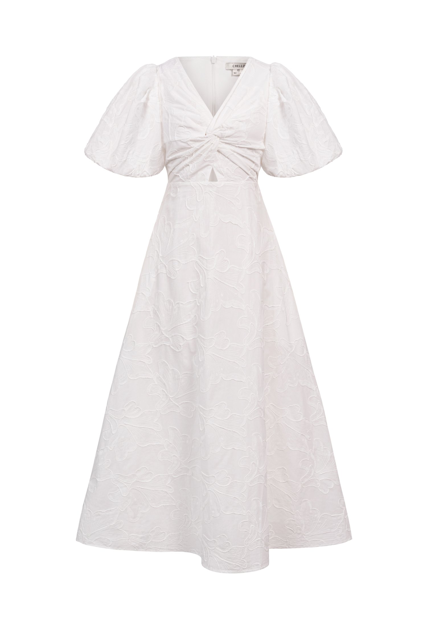 Ellie Puffy Sleeves Embroidered Cotton Midi Dress in Iconic White