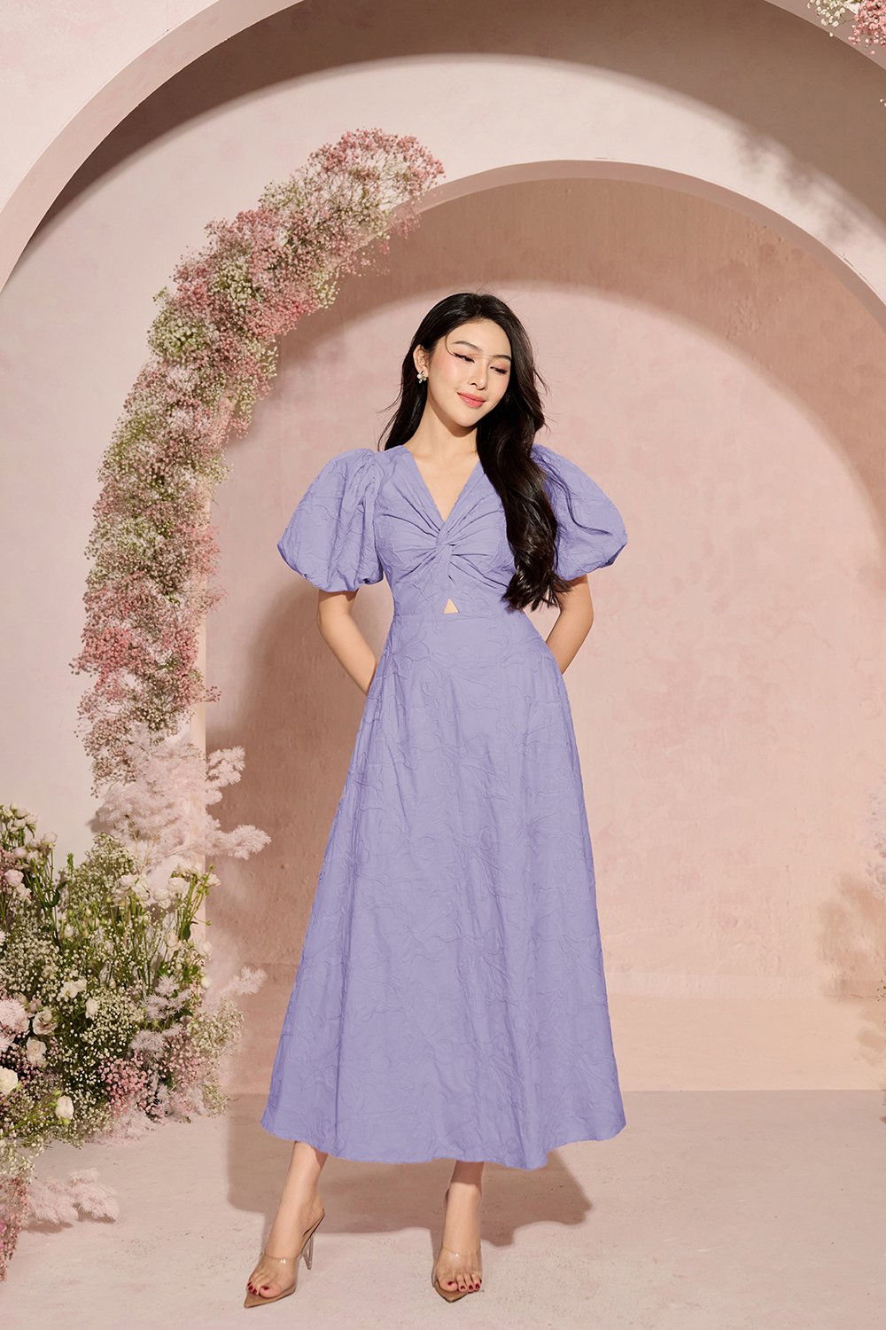 Ellie Puffy Sleeves Embroidered Cotton Midi Dress in Periwinkle Blue