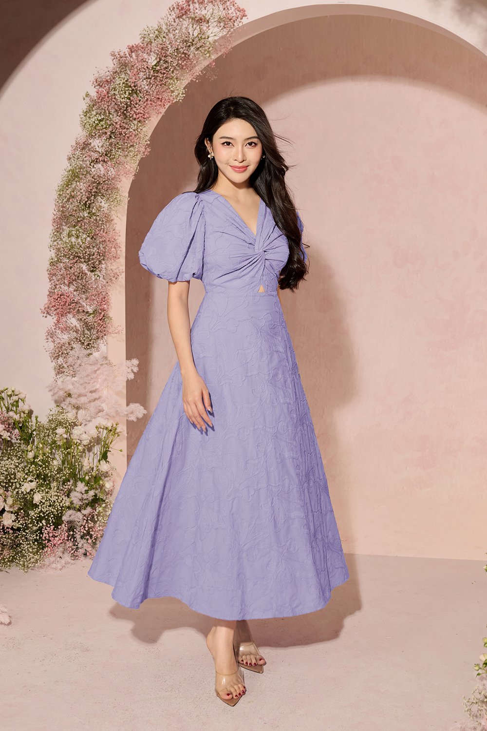 Ellie Puffy Sleeves Embroidered Cotton Midi Dress in Periwinkle Blue