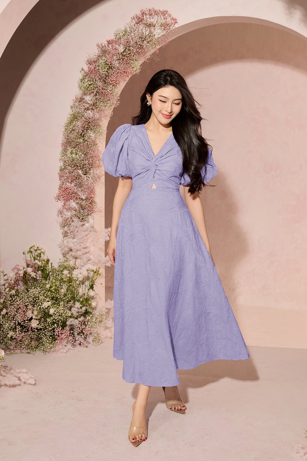 Ellie Puffy Sleeves Embroidered Cotton Midi Dress in Periwinkle Blue