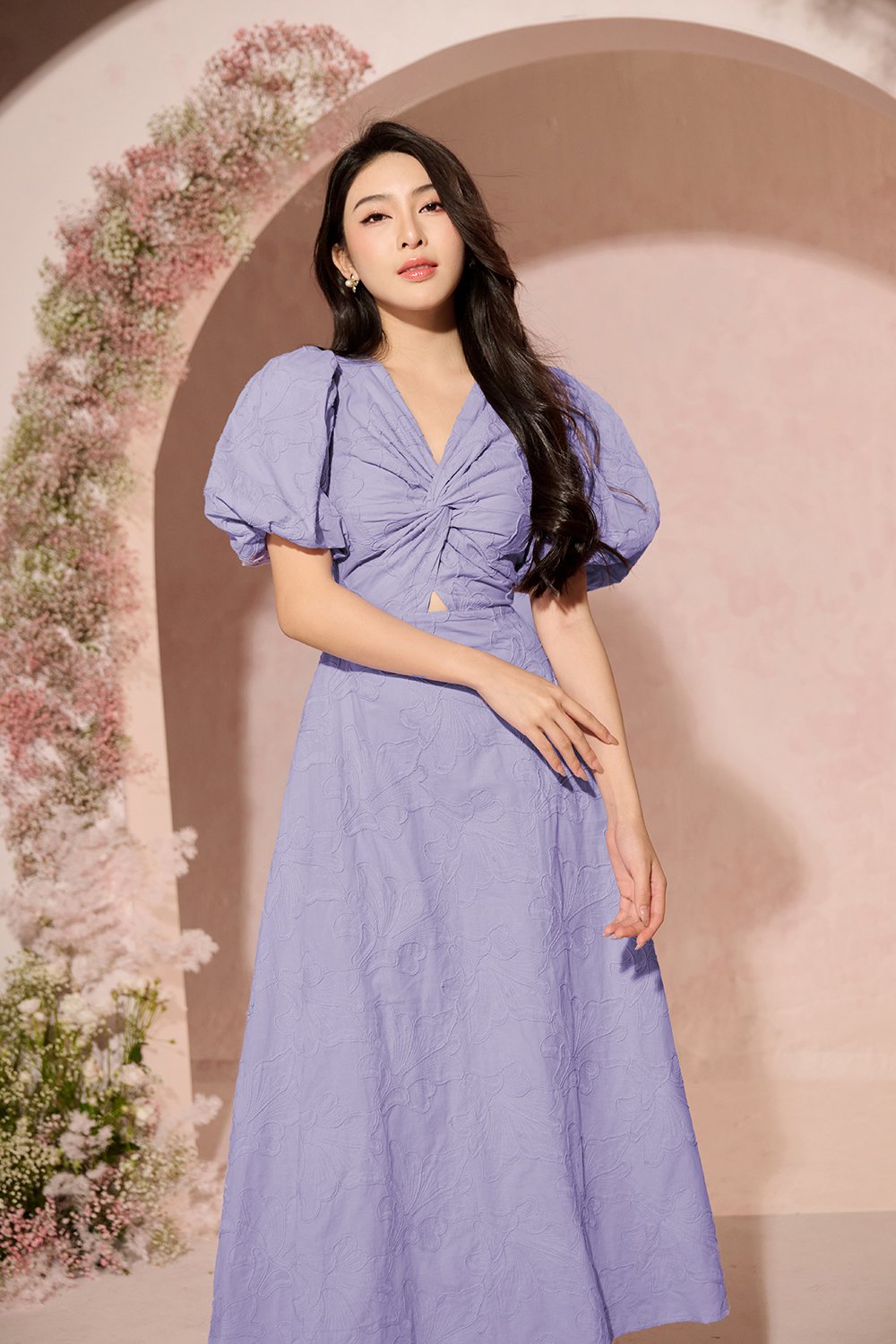 Ellie Puffy Sleeves Embroidered Cotton Midi Dress in Periwinkle Blue