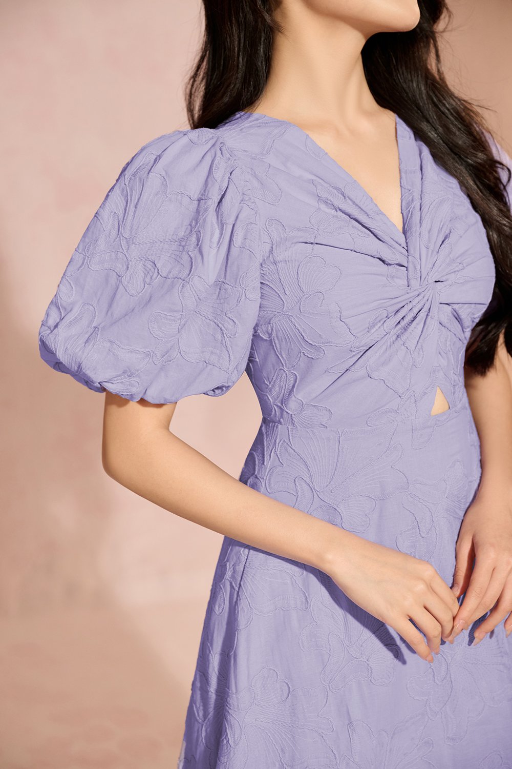Ellie Puffy Sleeves Embroidered Cotton Midi Dress in Periwinkle Blue