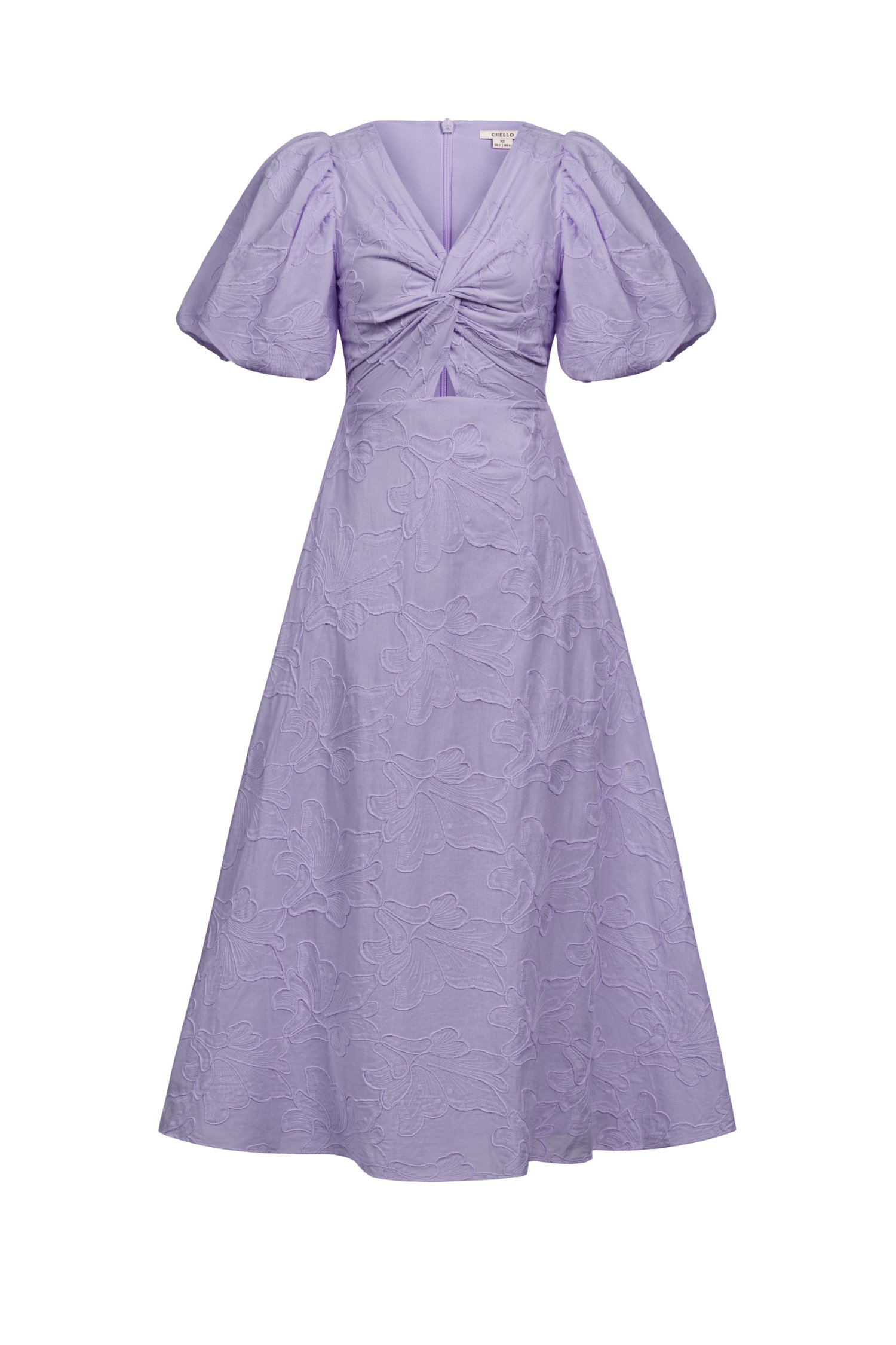 Ellie Puffy Sleeves Embroidered Cotton Midi Dress in Periwinkle Blue