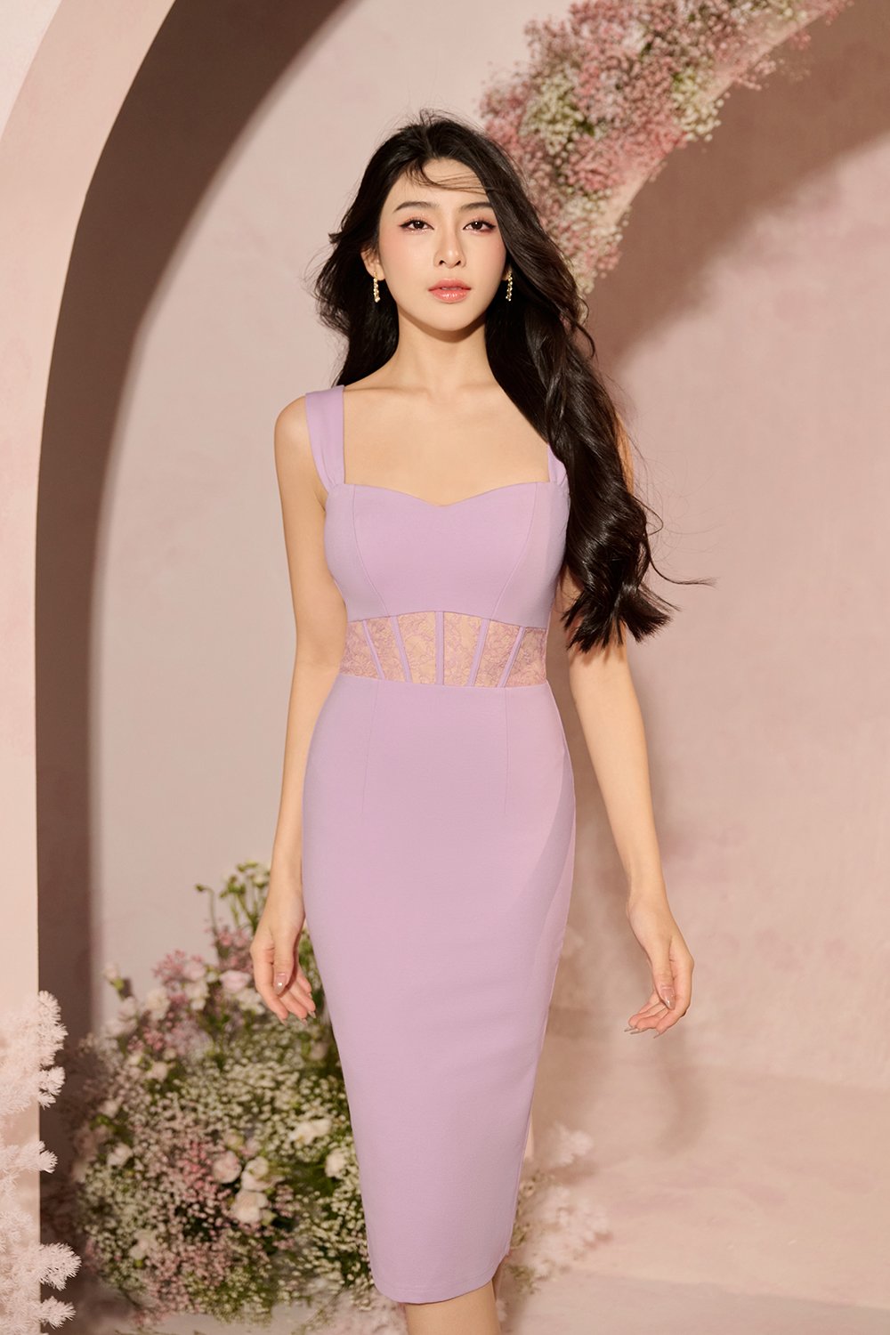 Elysia Lace Detailed Ponte Dress in Dusty Lilac